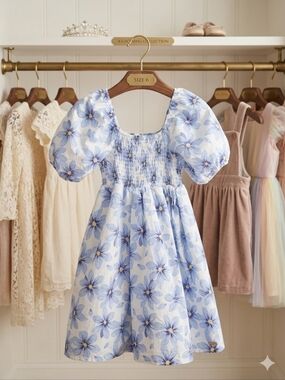 Tahari Blue Floral Puff-Sleeve Dress w/ Smocked Bodice, Size 6, EPreLC